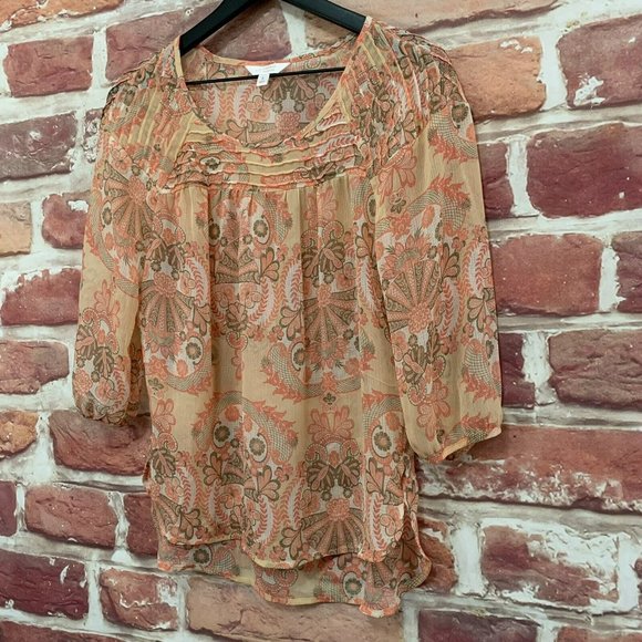 LAUREN CONRAD WOMEN'S PINK & TAUPE MULTICOLOR BOHO FLORAL PULLOVER BLOUSE - Picture 2 of 7